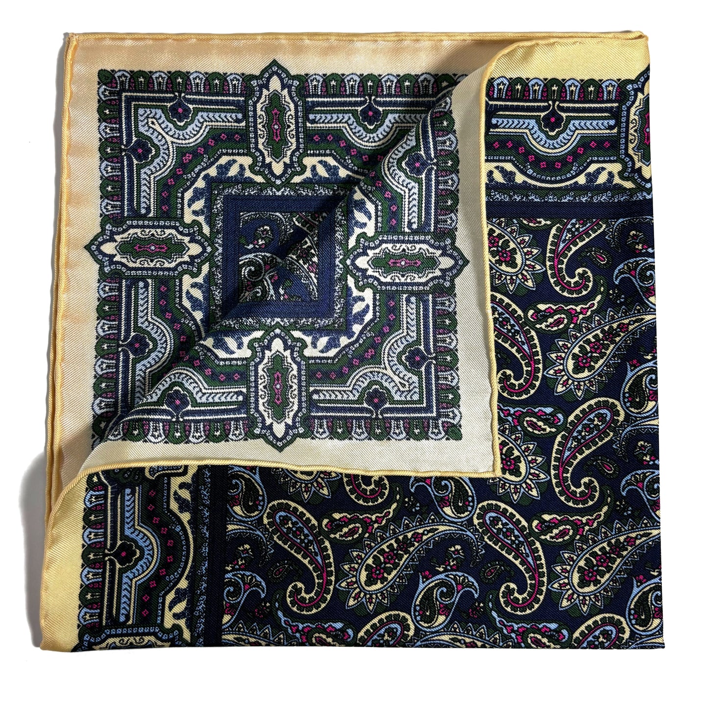 Navy Blue & Cream Paisley Silk Pocket Square