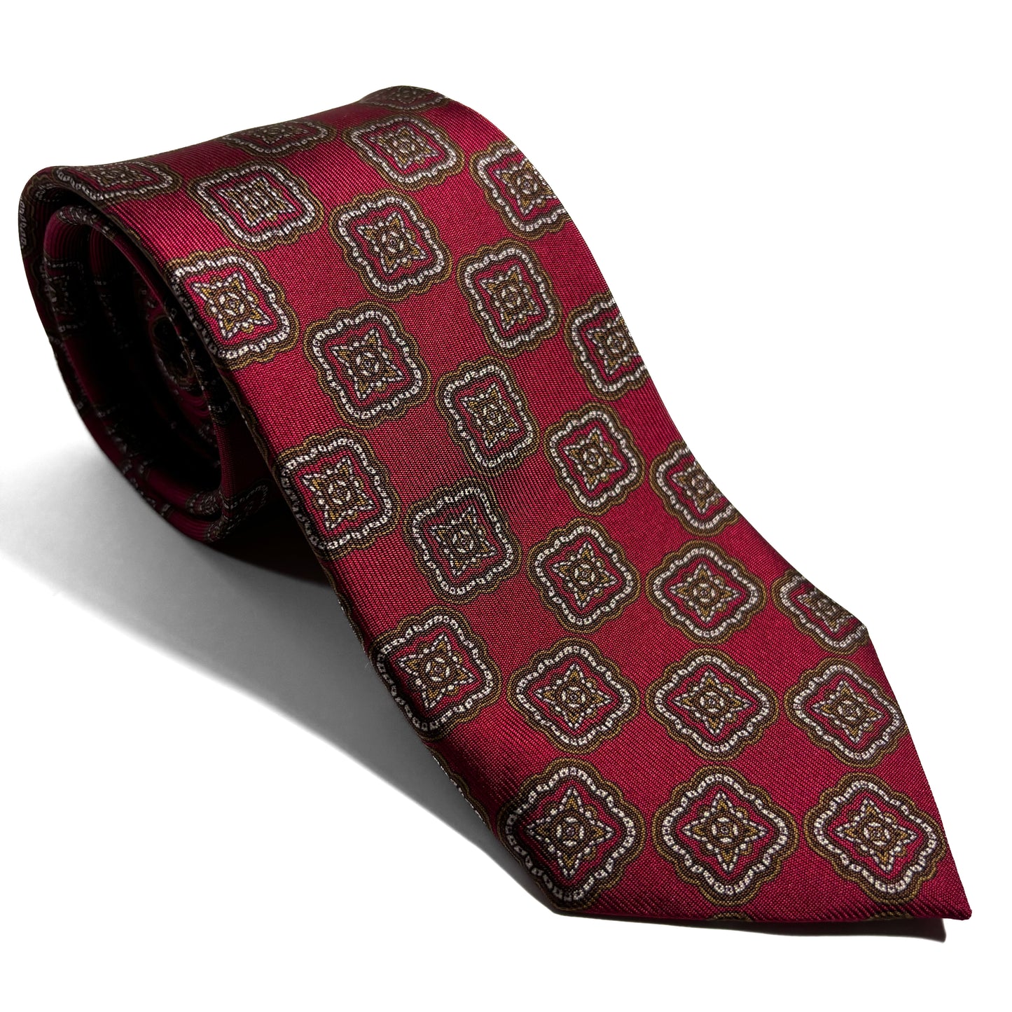 Hand-Printed Red Geometric Medallion Printed Silk Tie