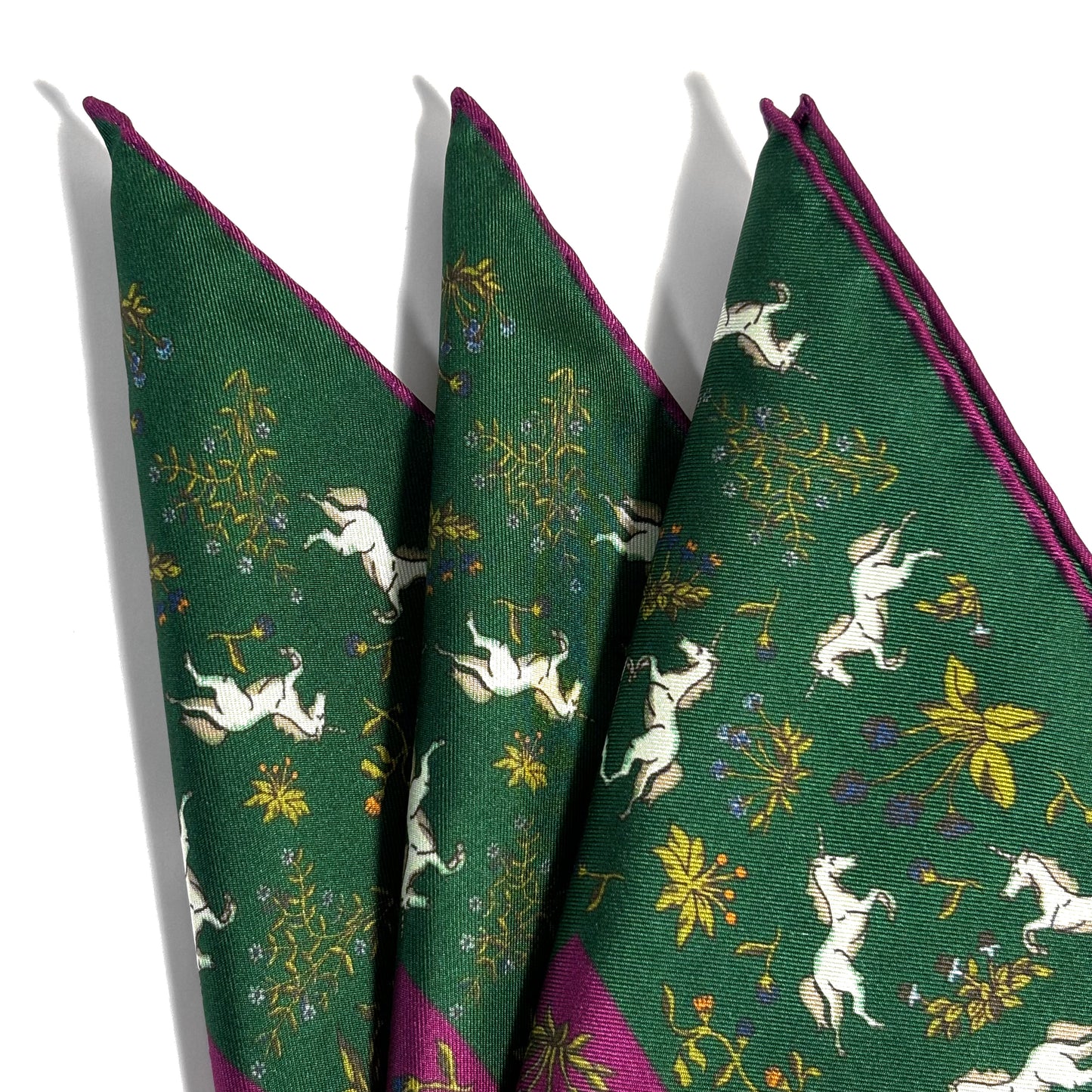 Forest Green & Purple Unicorn Motif Ancient Madder Silk Pocket Square