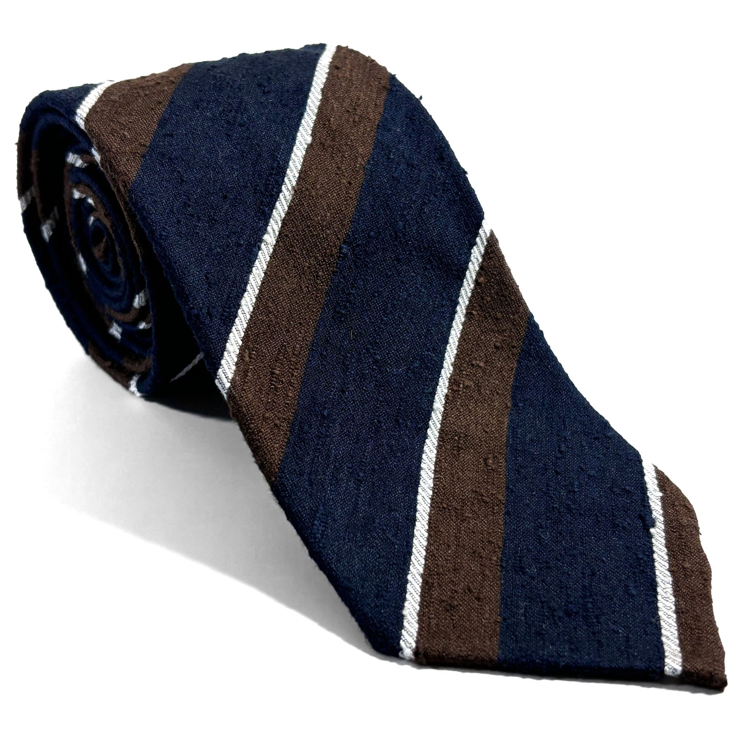 Untipped Navy Blue / Brown Striped Silk Shantung Tie