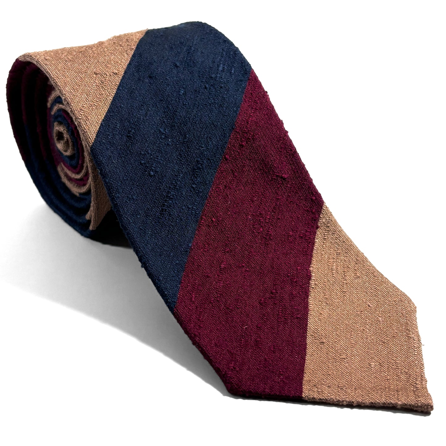 Burgundy / Navy Blue / Beige Block Stripe Untipped Silk Shantung Tie
