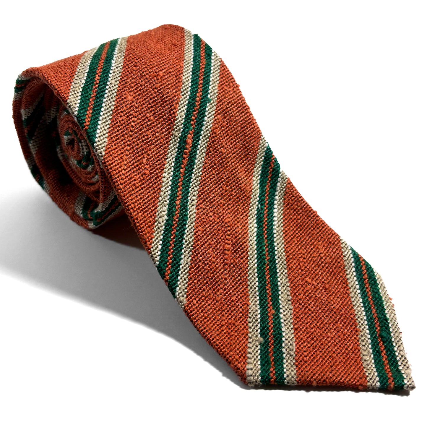 Untipped Orange & Green Striped Silk Shantung Tie