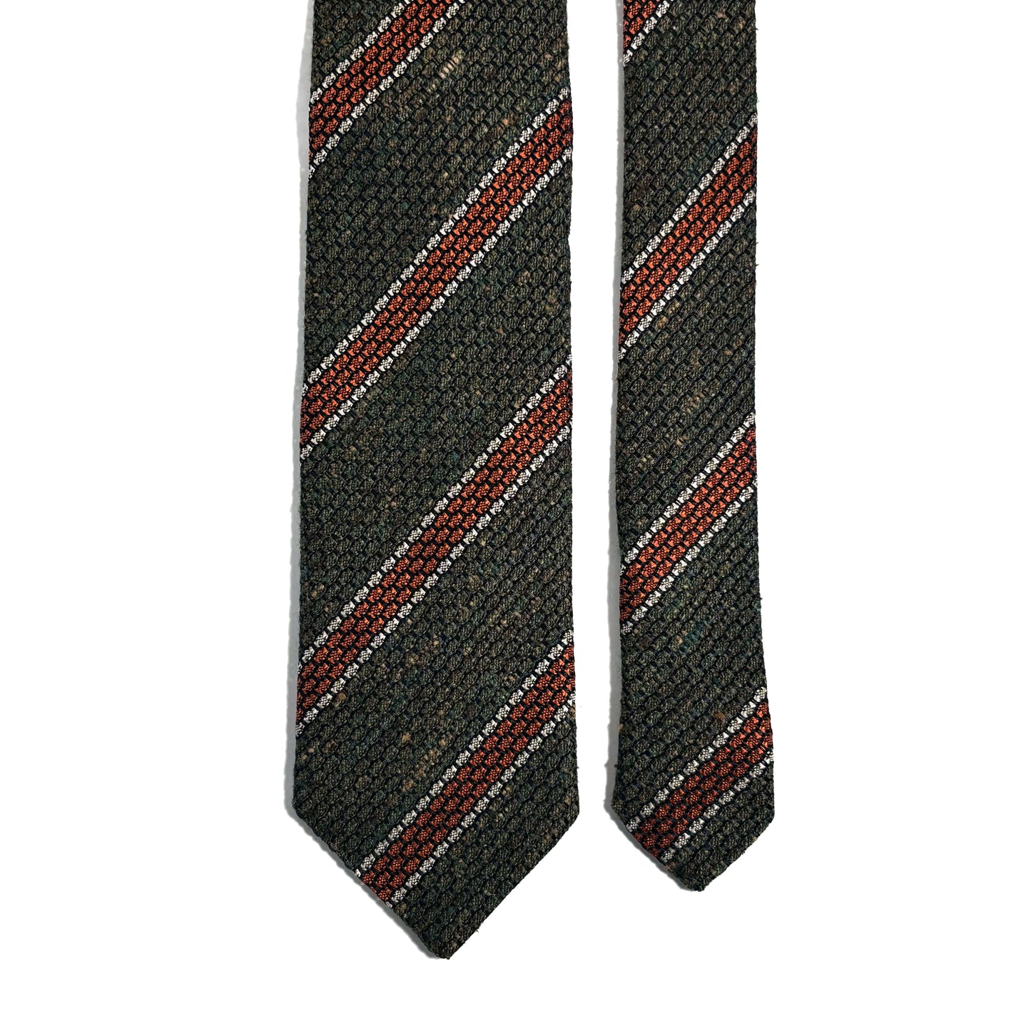 Earthy Green & Orange Striped Tussah Jaspe Silk Grenadine Tie (Garza Grossa)
