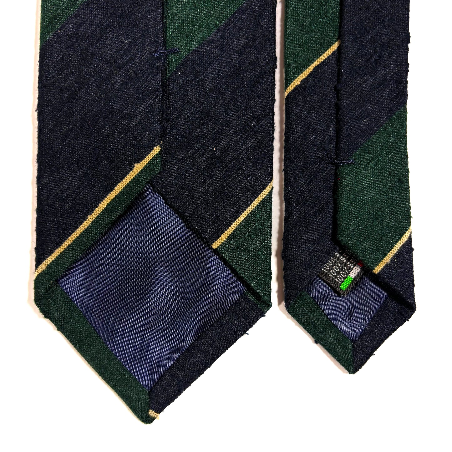 Navy Blue & Green Block Striped Silk Shantung Tie