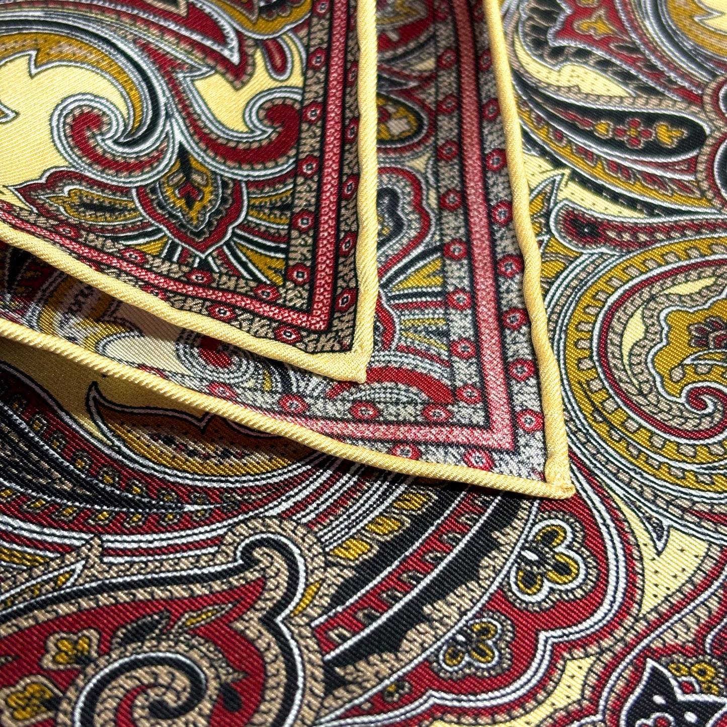 Buff Yellow & Burgundy Paisley Silk Pocket Square