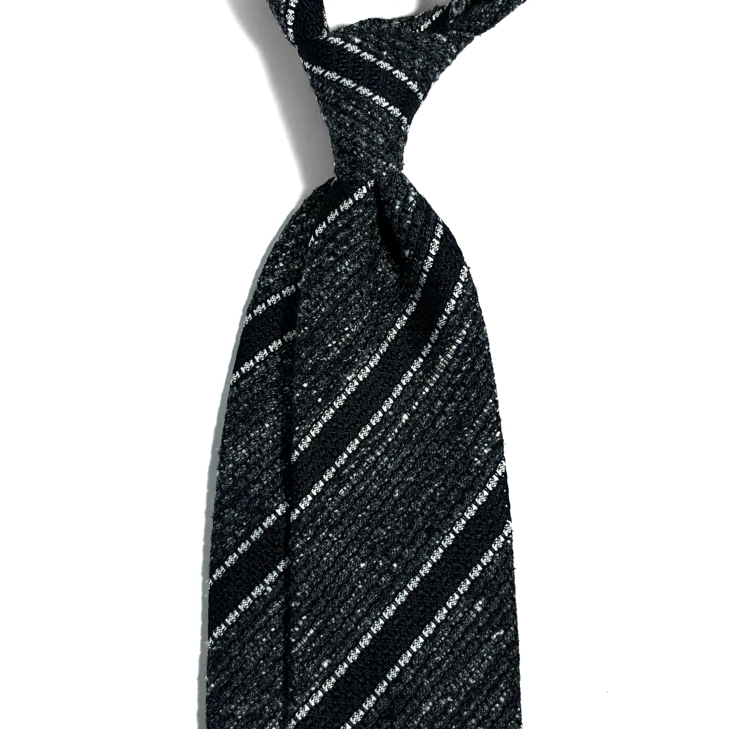 Charcoal Gray & Black Striped Tussah Jaspe Silk Grenadine Tie (Garza Grossa)