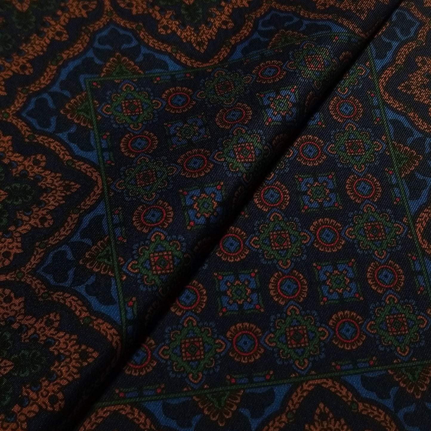 Screen-Printed Navy Blue Geometric Ancient Madder Silk Pocket Square