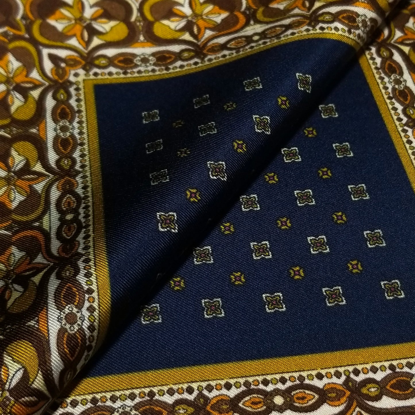 17" Navy Blue / Gold Geometric Silk Twill Pocket Square