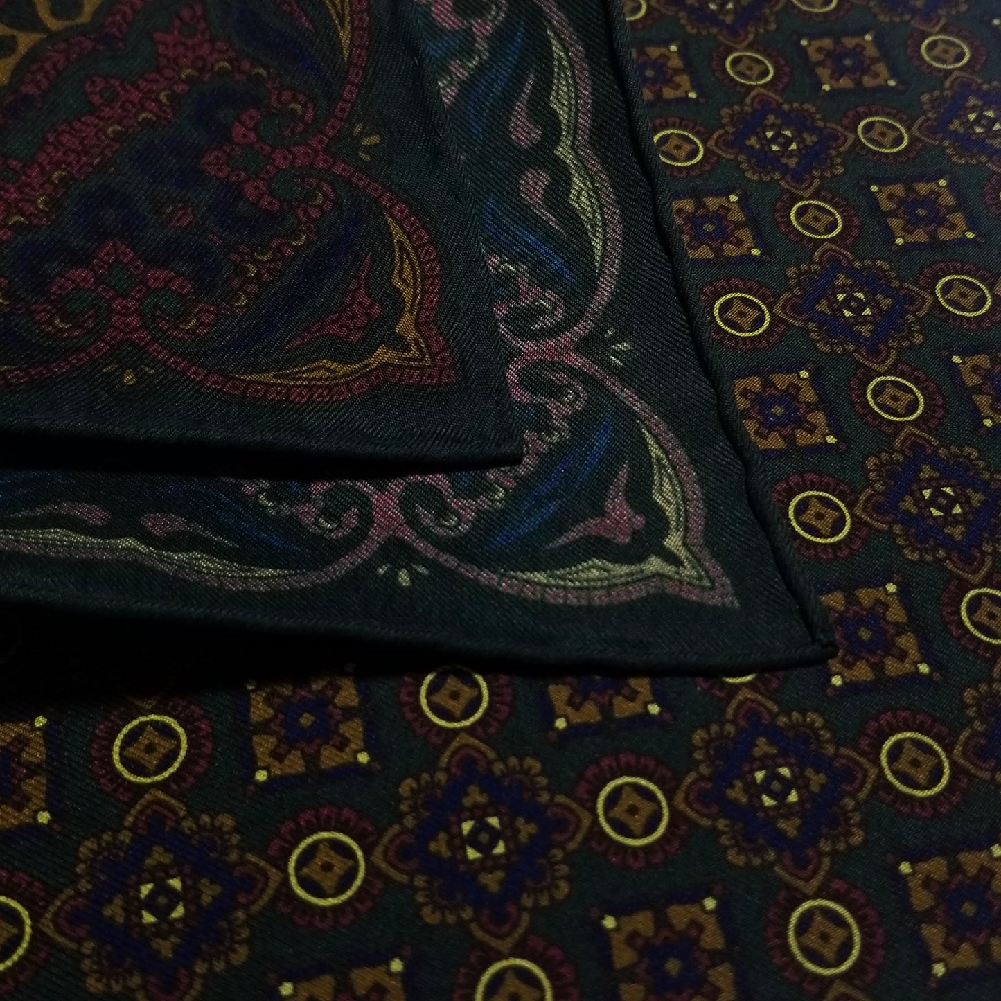 Screen-Printed Forest Green & Yellow Geometric Ancient Madder Silk Pocket Square