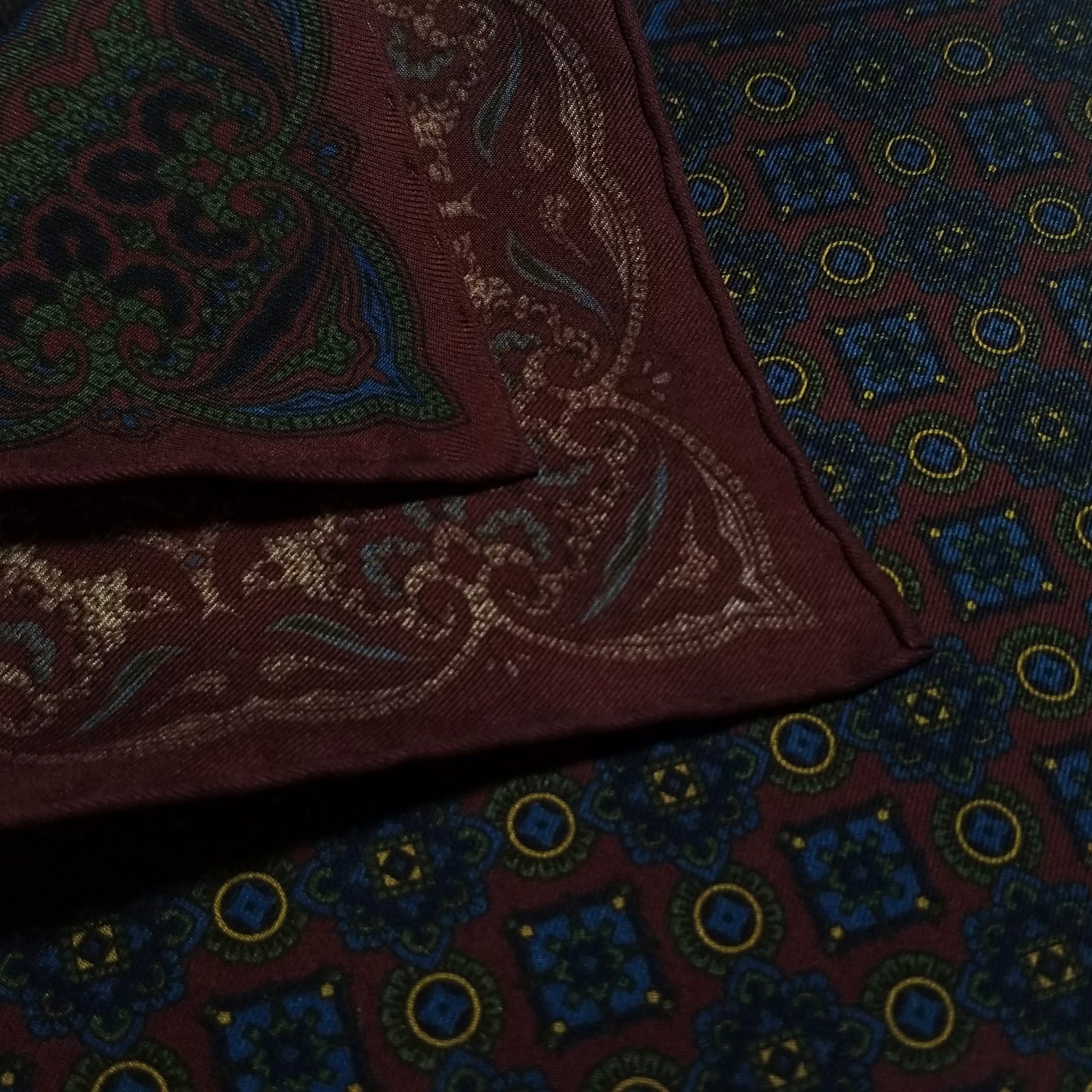 Screen-Printed Burgundy Geometric Ancient Madder Silk Pocket Square