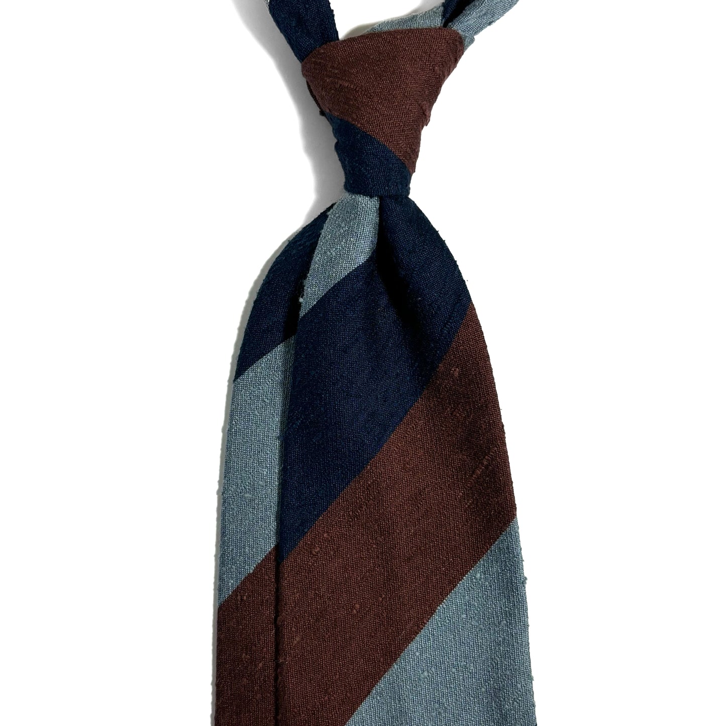 Untipped Navy / Light Blue / Brown Block Stripe Silk Shantung Tie