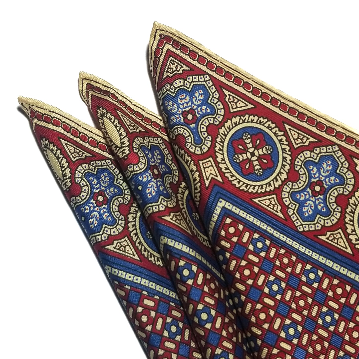 Screen-Printed Cream Yellow Geometric Ancient Madder Silk Pocket Square