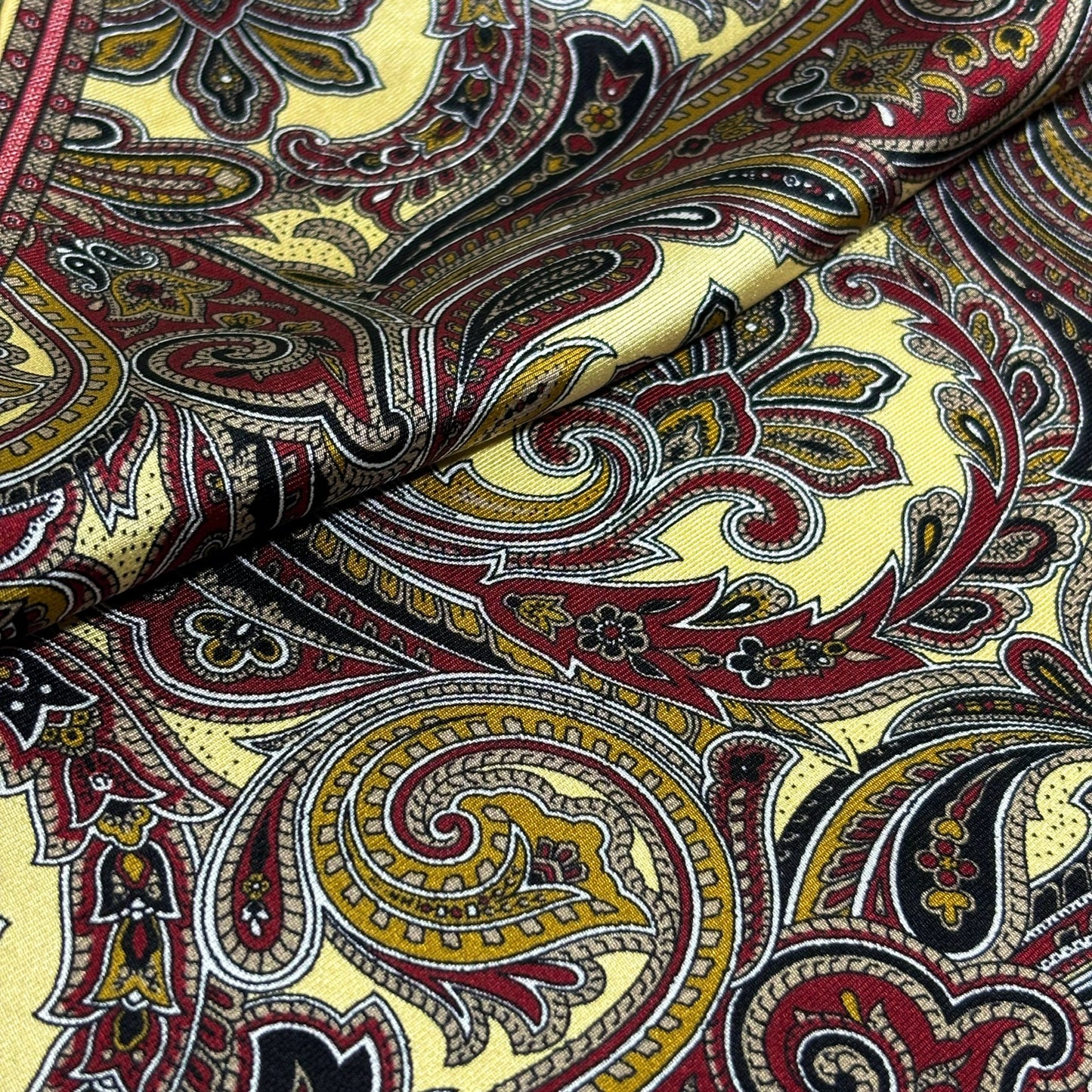 Buff Yellow & Burgundy Paisley Silk Pocket Square