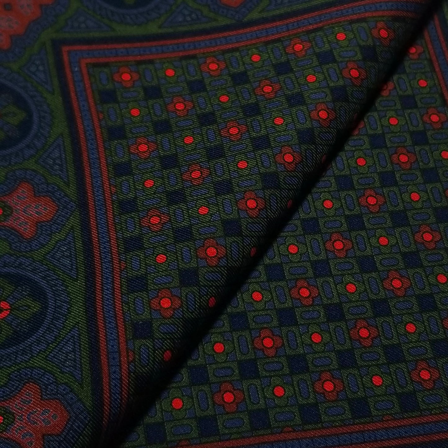 Screen-Printed Green & Blue Geometric Ancient Madder Silk Pocket Square