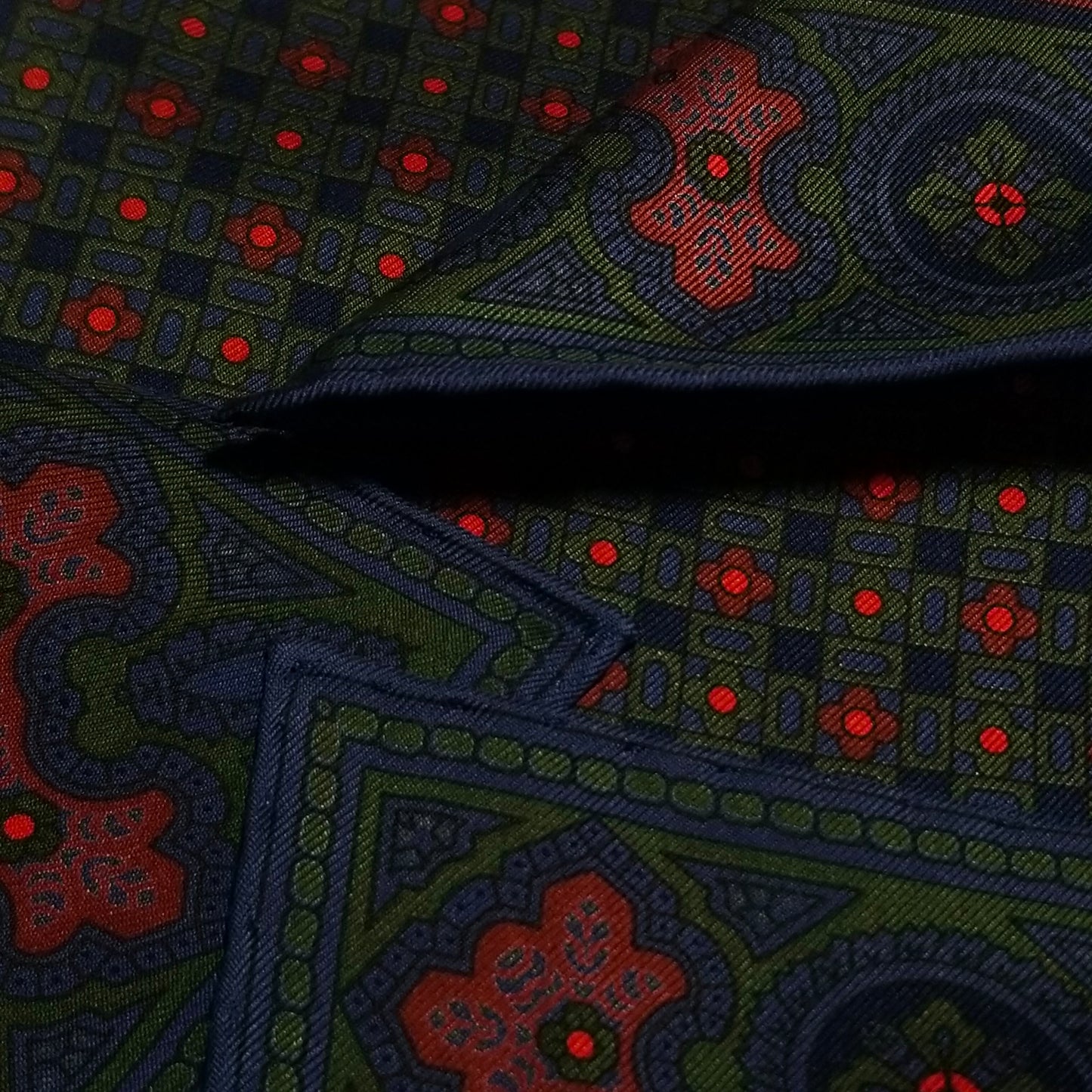Screen-Printed Green & Blue Geometric Ancient Madder Silk Pocket Square