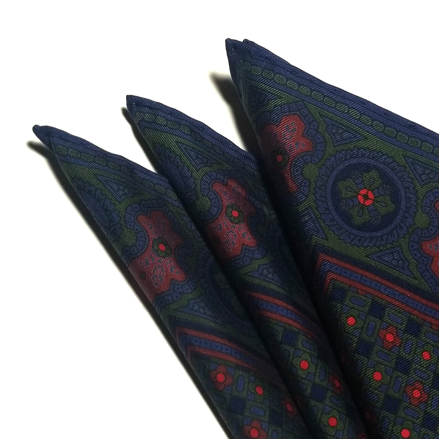 Screen-Printed Green & Blue Geometric Ancient Madder Silk Pocket Square