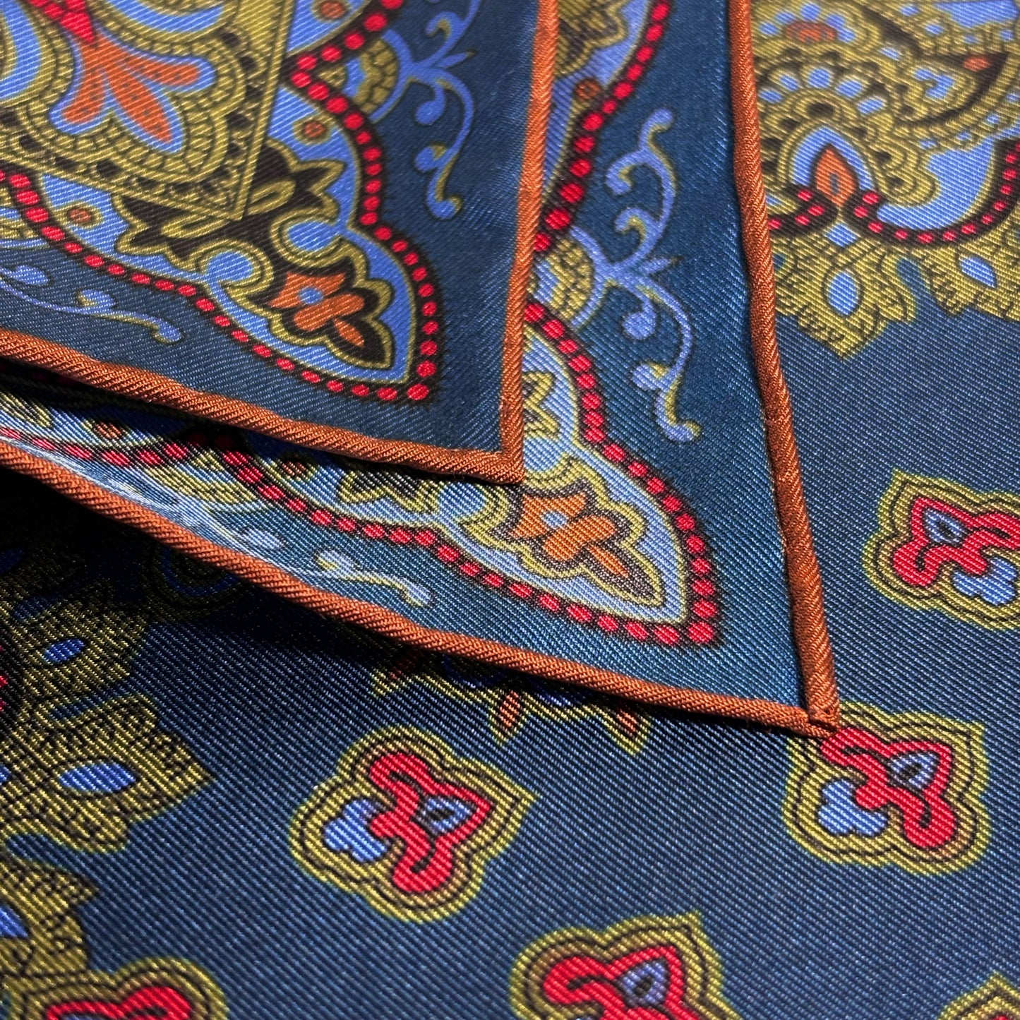 Navy Blue & Olive Green Medallion Ancient Madder Silk Pocket Square