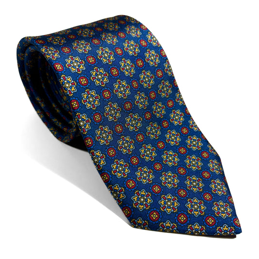 Navy Blue & Red Geometric Foulard Printed Silk Twill Tie