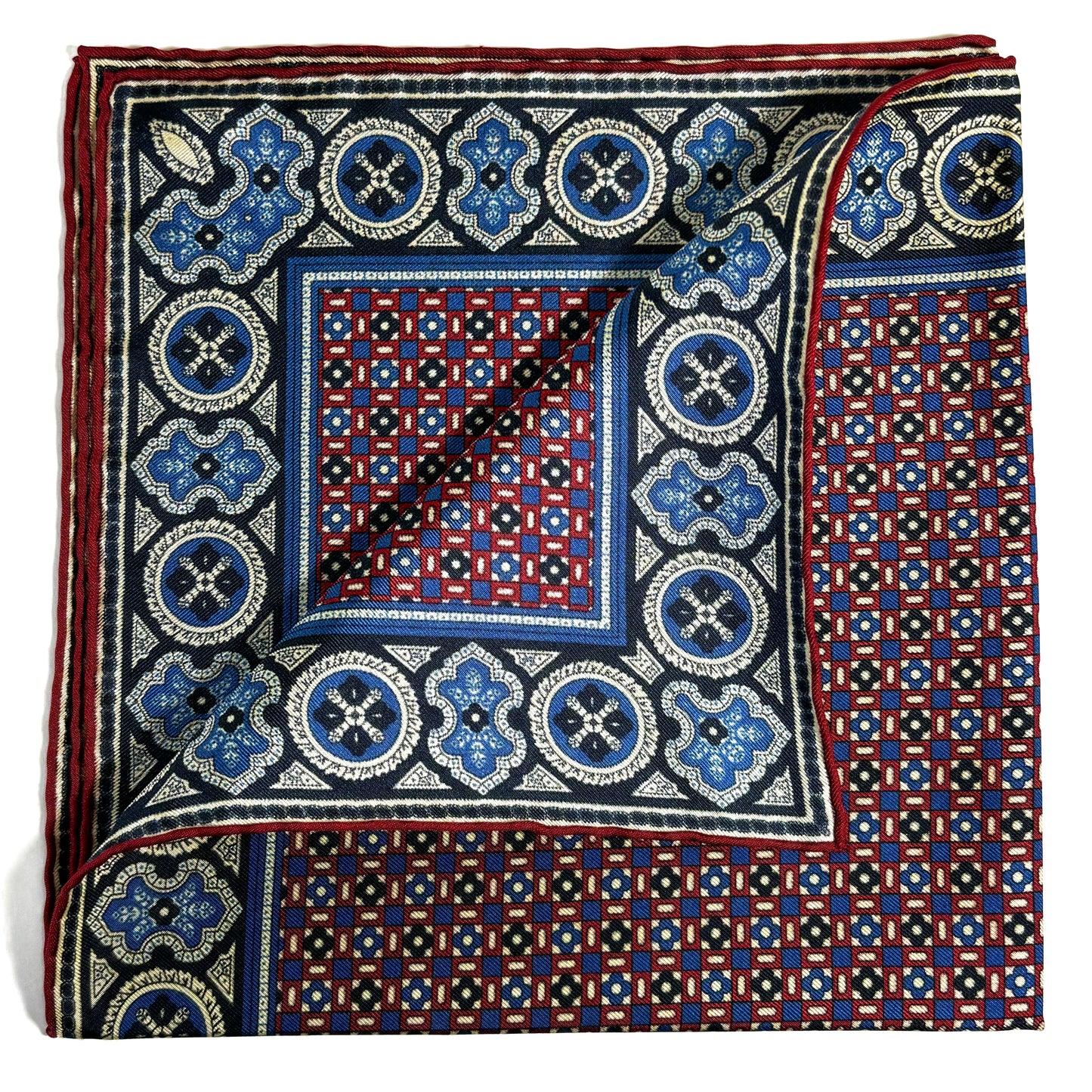 Navy Blue & Cream Small Geometric Ancient Madder Silk Pocket Square