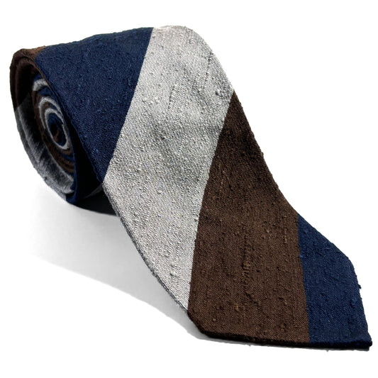 Navy Blue / Silver / Brown Block Stripe Untipped Silk Shantung Tie
