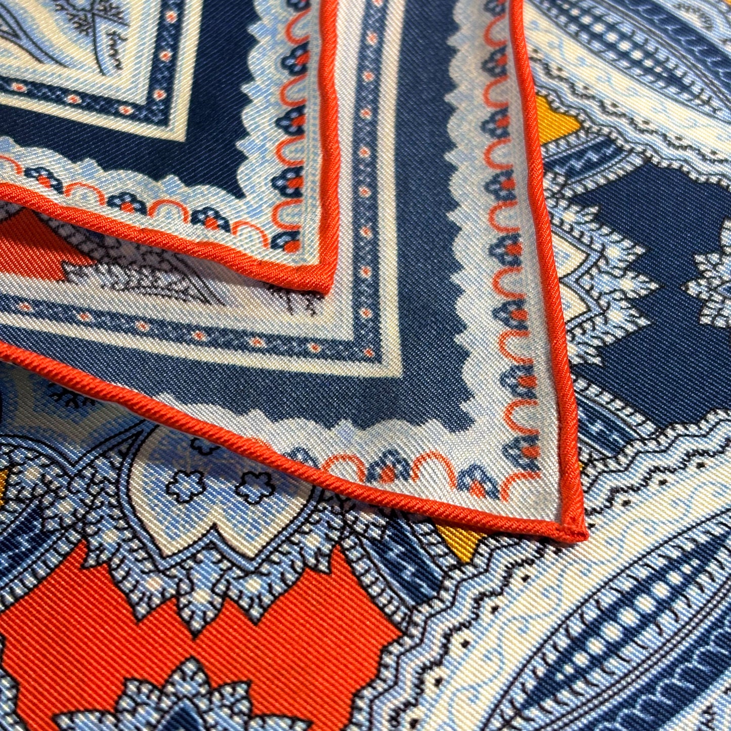 Orange & Light Blue Large Medallion Silk Pocket Square