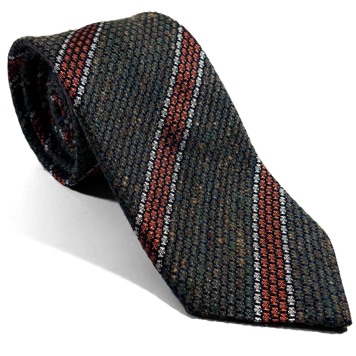 Earthy Green & Orange Striped Tussah Jaspe Silk Grenadine Tie (Garza Grossa)