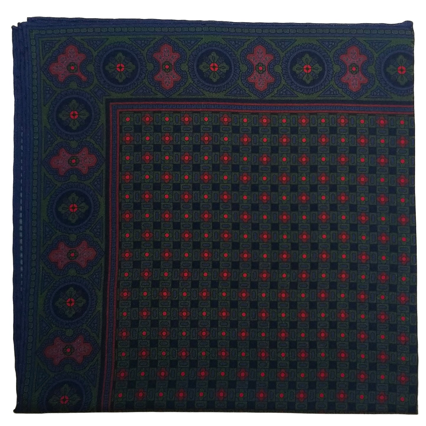 Screen-Printed Green & Blue Geometric Ancient Madder Silk Pocket Square