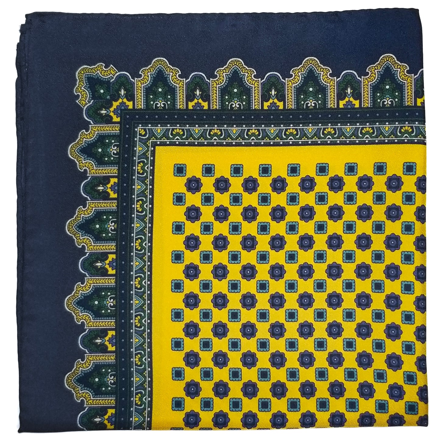 17" Yellow & Blue Geometric Silk Twill Pocket Square