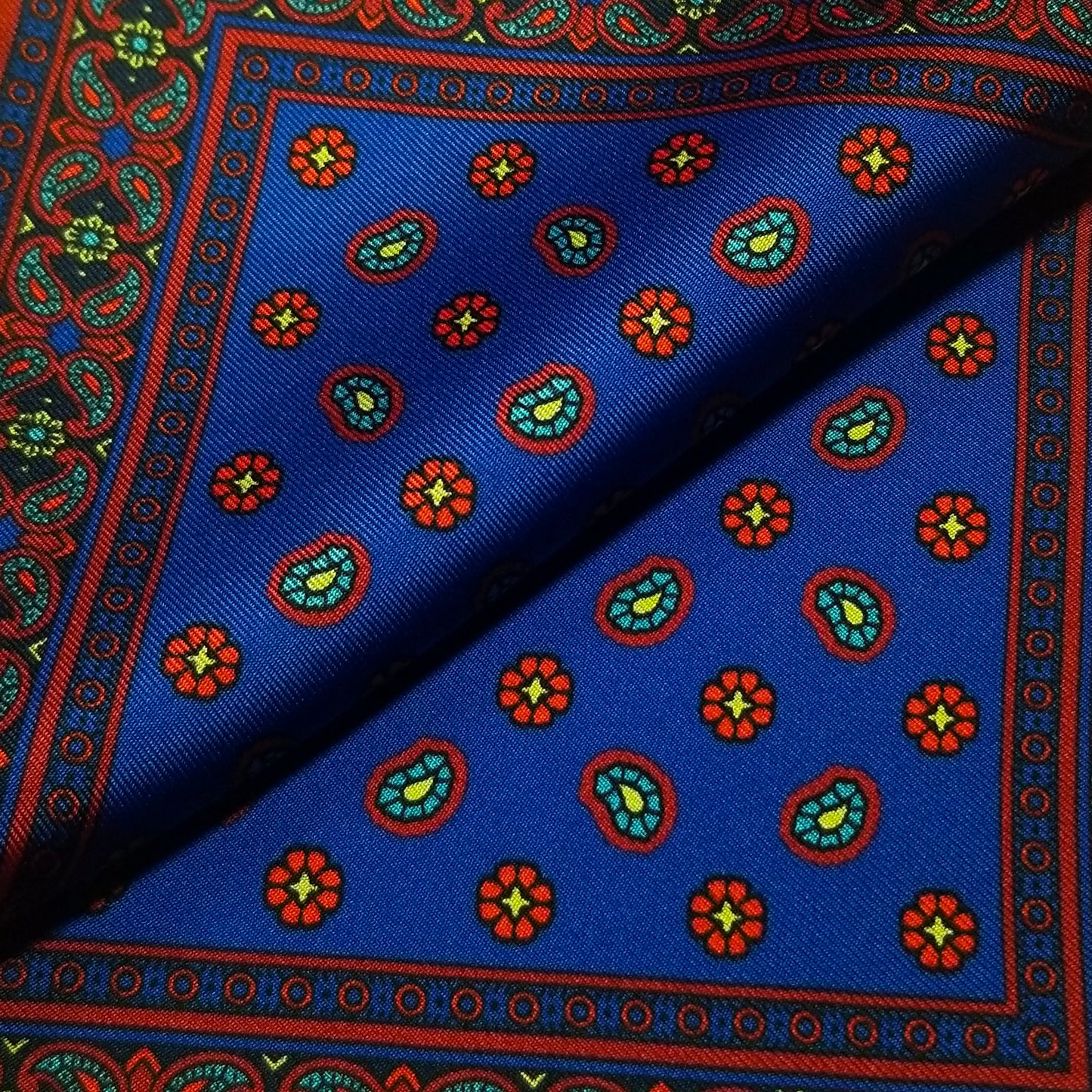 12.5" Royal Blue / Red Paisley Silk Twill Pocket Square