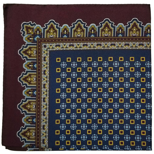 17" Navy Blue / Burgundy Floral Silk Twill Pocket Square