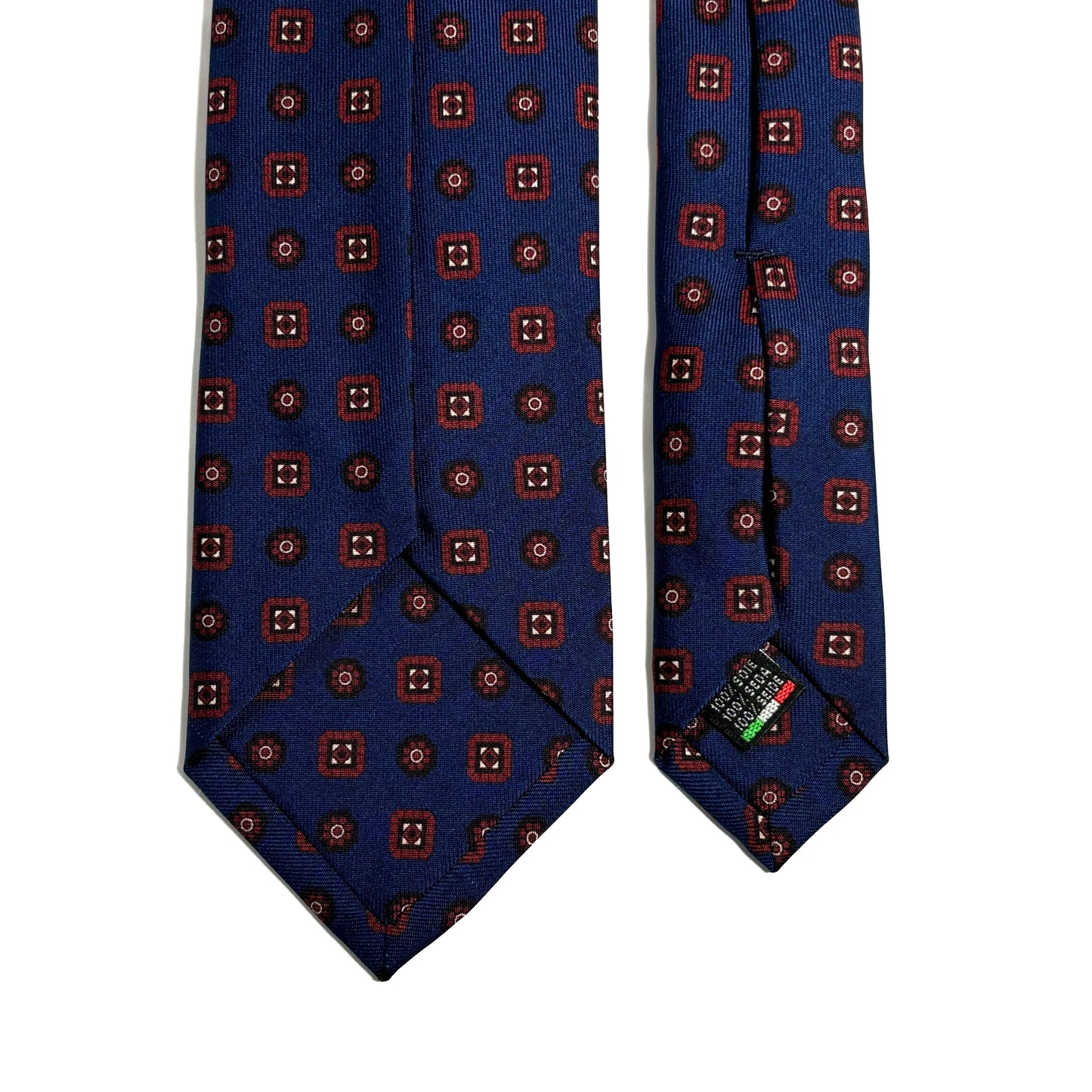 Seven Fold Navy Blue & Red Geometric Printed Silk Tie