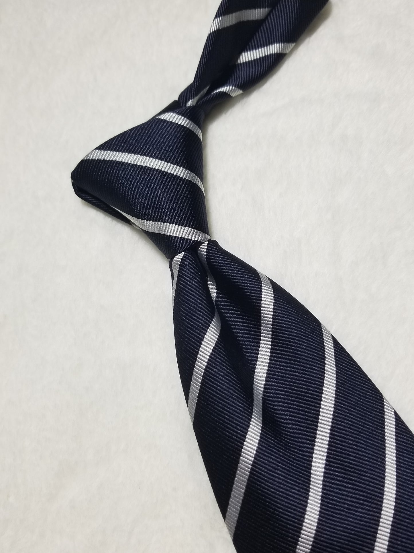 Navy Blue English Silk Repp Tie w/ White Stripes