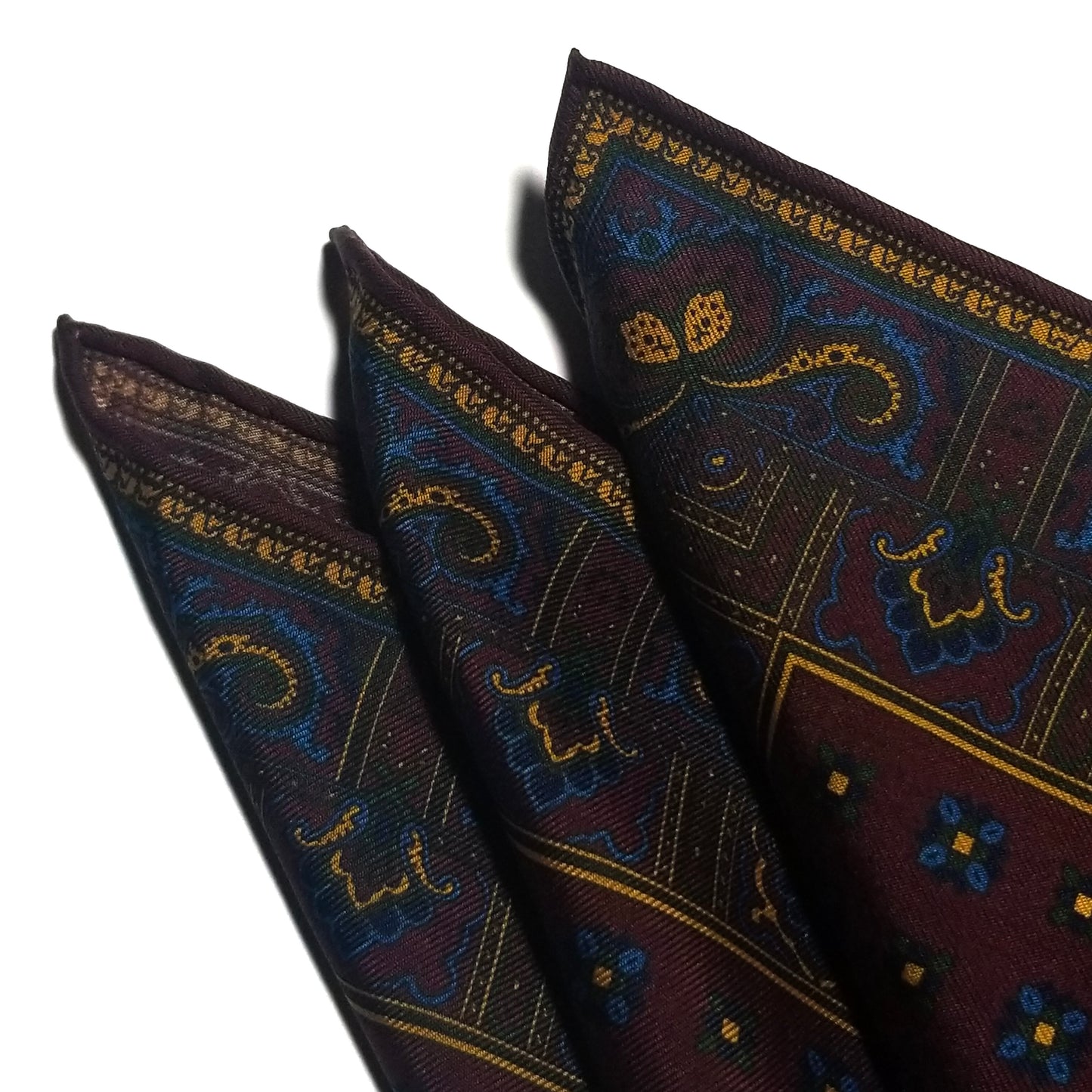 Screen-Printed Burgundy Geometric Ancient Madder Silk Pocket Square
