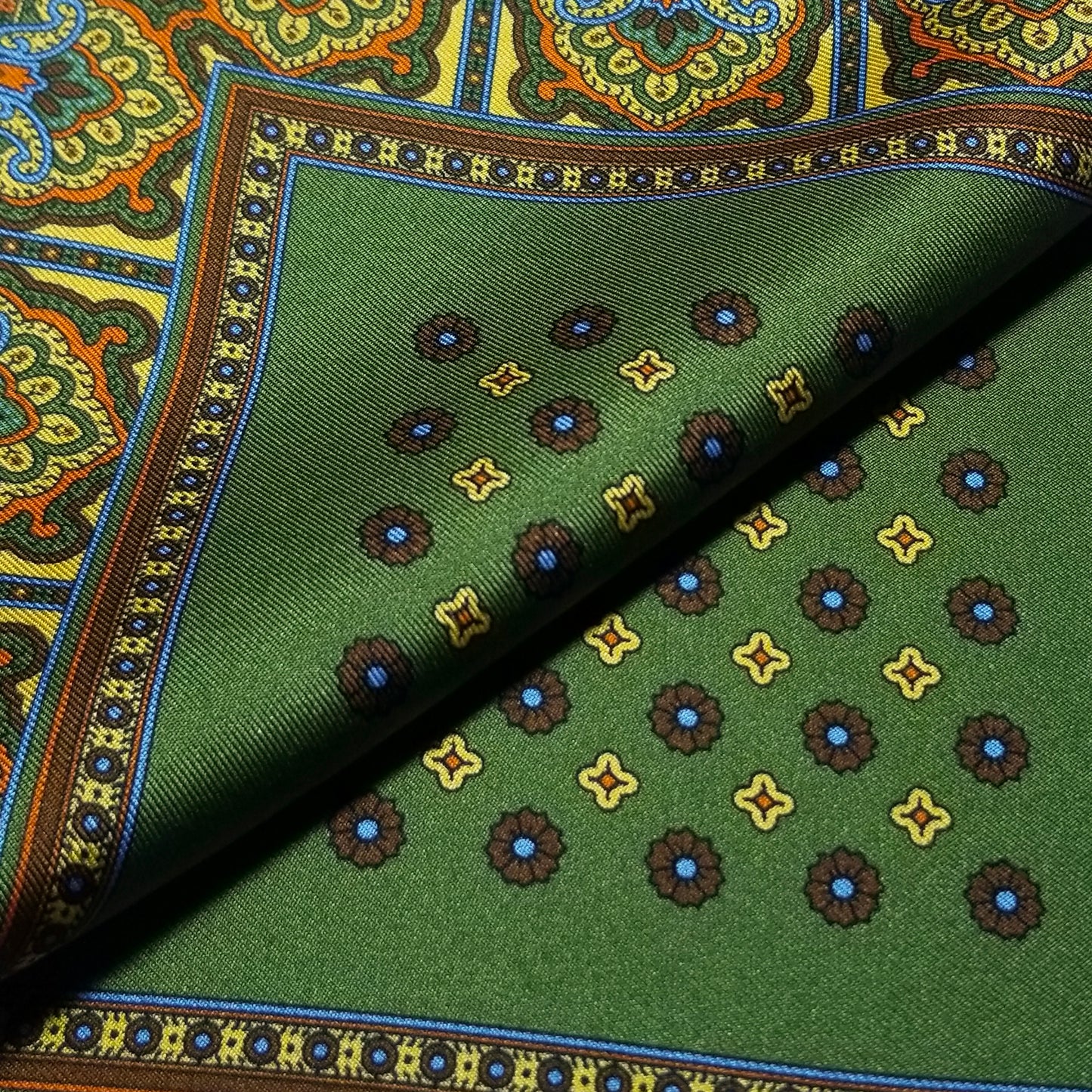 17" Olive Green & Brown Floral Silk Twill Pocket Square