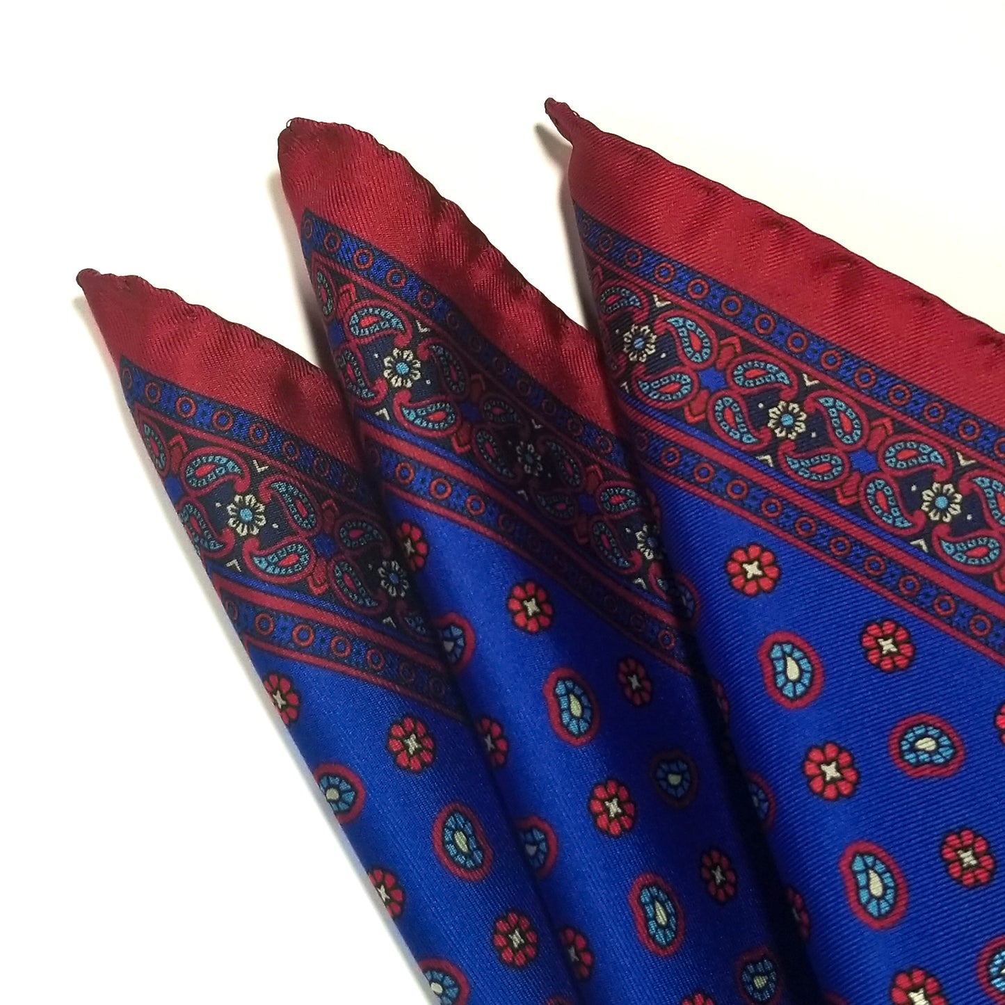 12.5" Royal Blue / Red Paisley Silk Twill Pocket Square