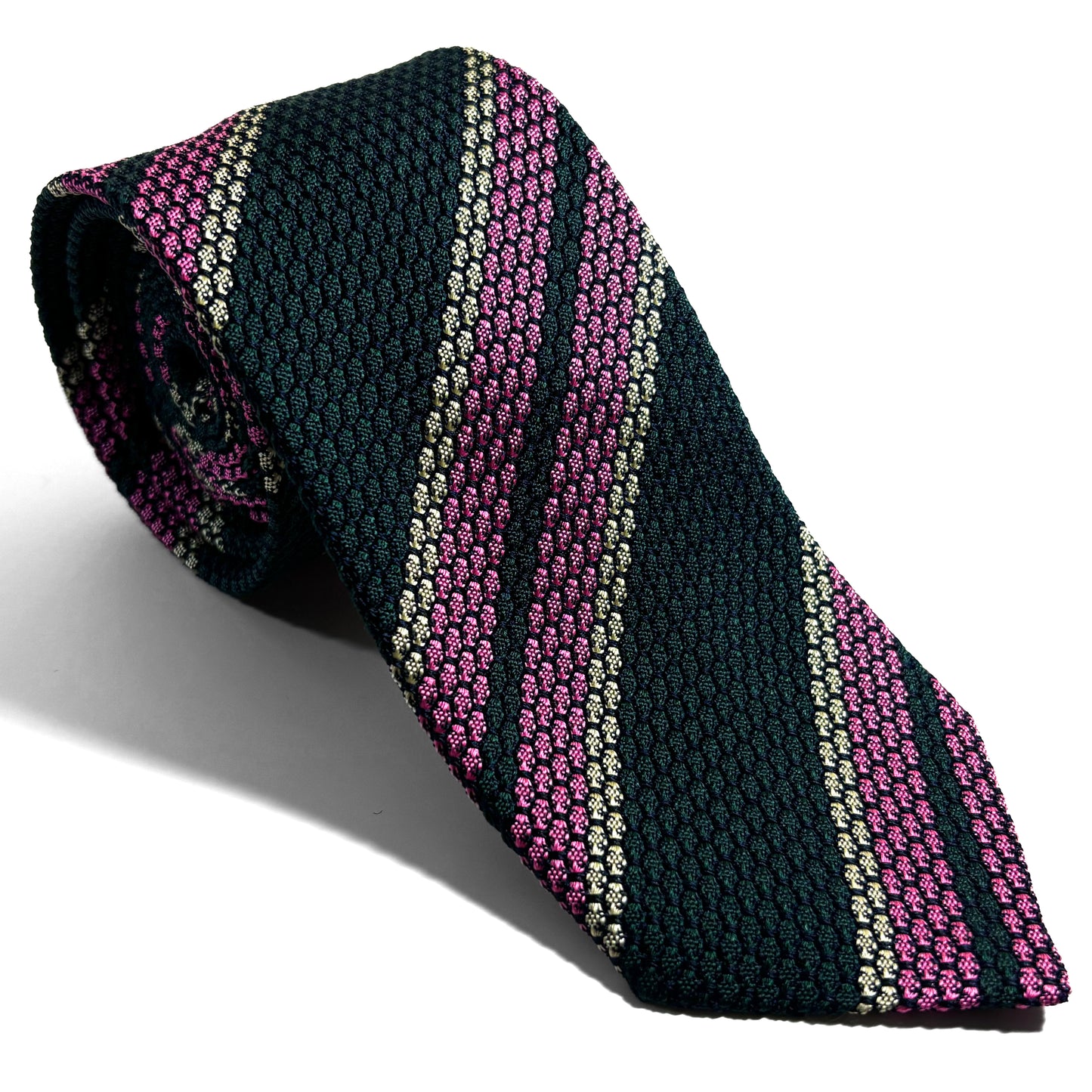 Forest Green & Pink Striped Silk Grenadine Tie (Garza Grossa)