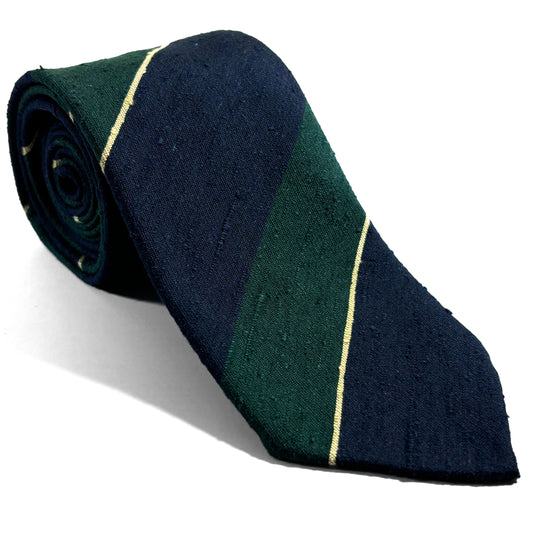 Navy Blue & Green Striped Untipped Shantung Silk Tie (Handmade in Italy)