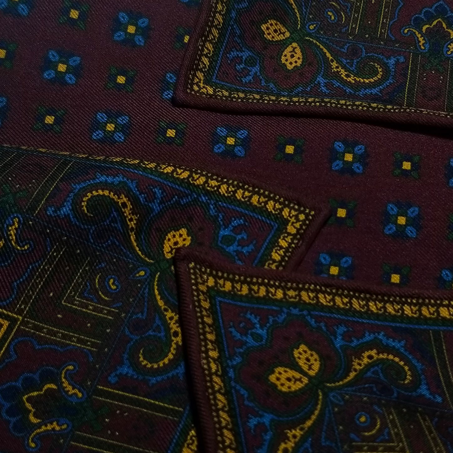 Screen-Printed Burgundy Geometric Ancient Madder Silk Pocket Square