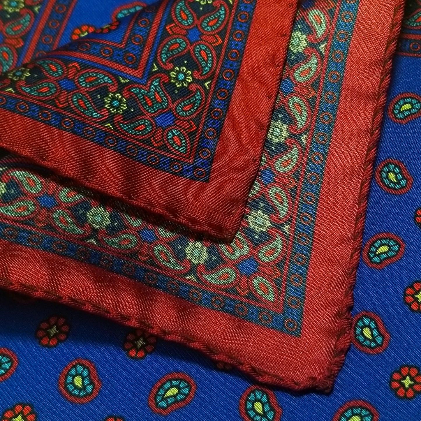 12.5" Royal Blue / Red Paisley Silk Twill Pocket Square