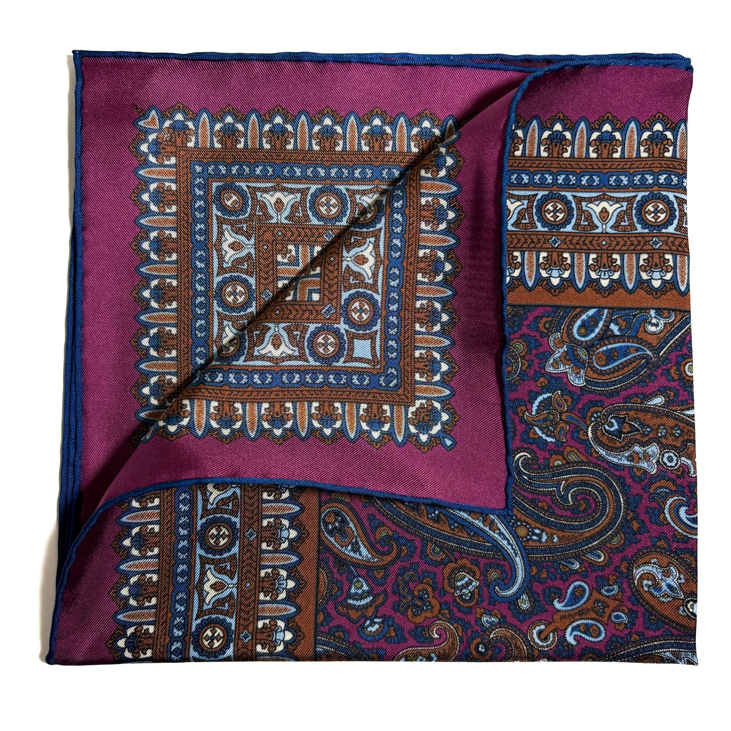 Magenta & Navy Blue Paisley Silk Pocket Square