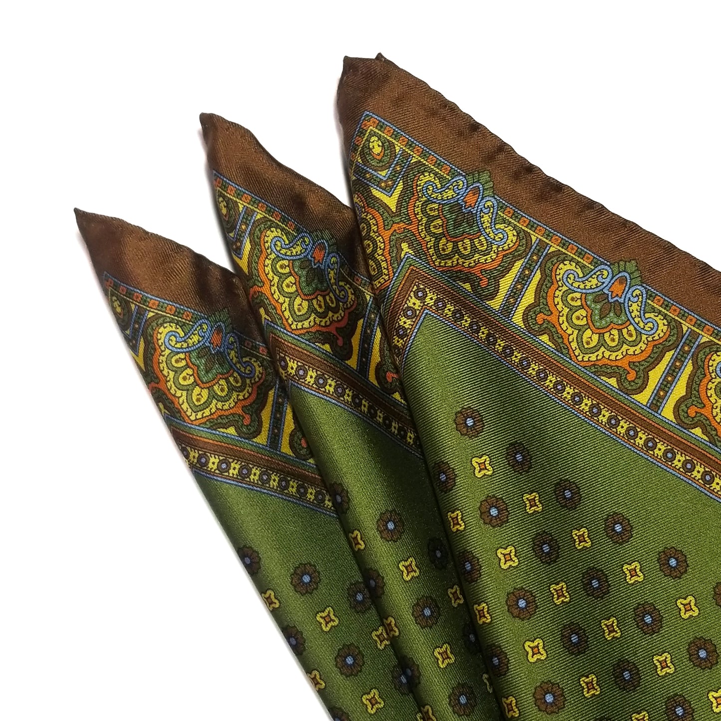 17" Olive Green & Brown Floral Silk Twill Pocket Square