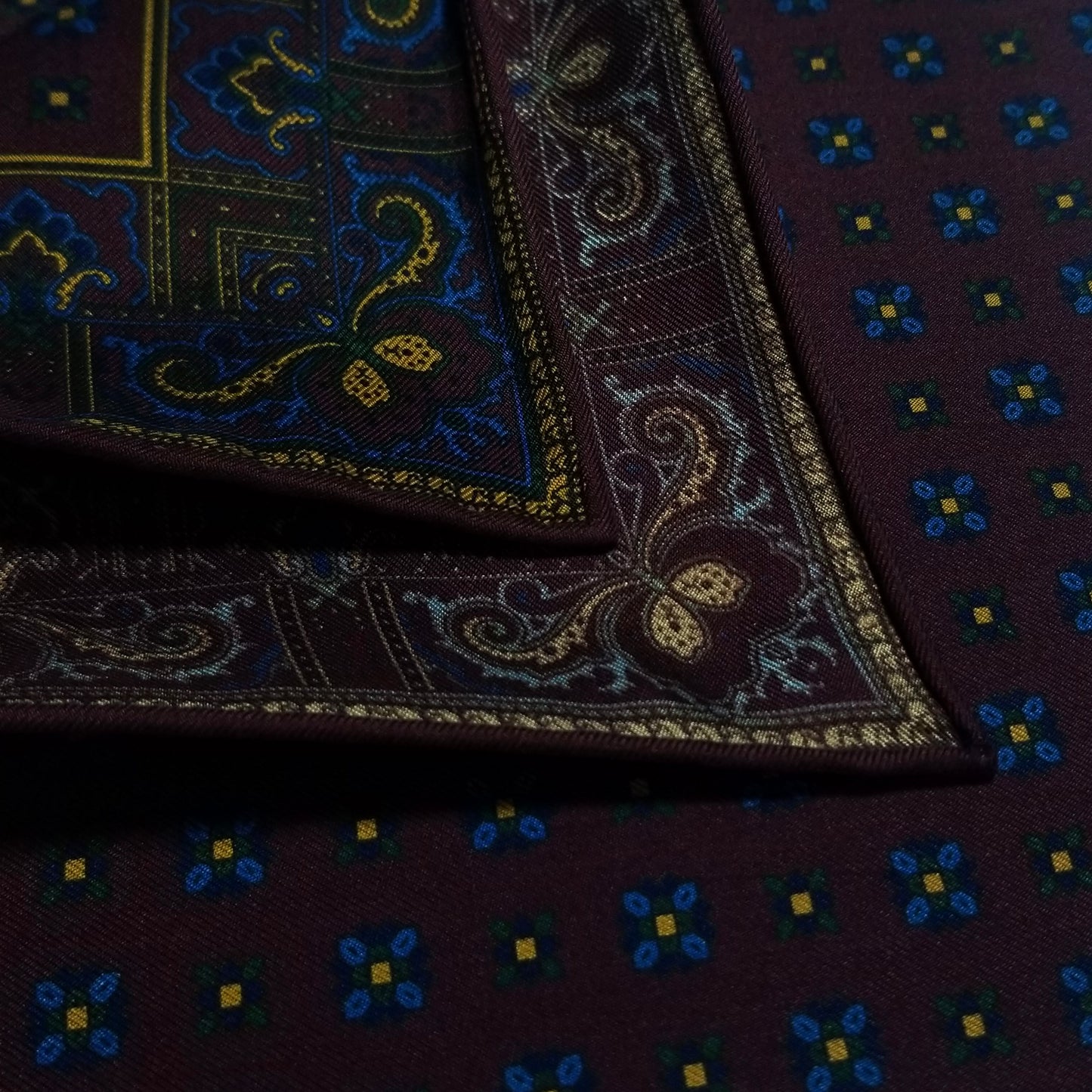 Screen-Printed Burgundy Geometric Ancient Madder Silk Pocket Square