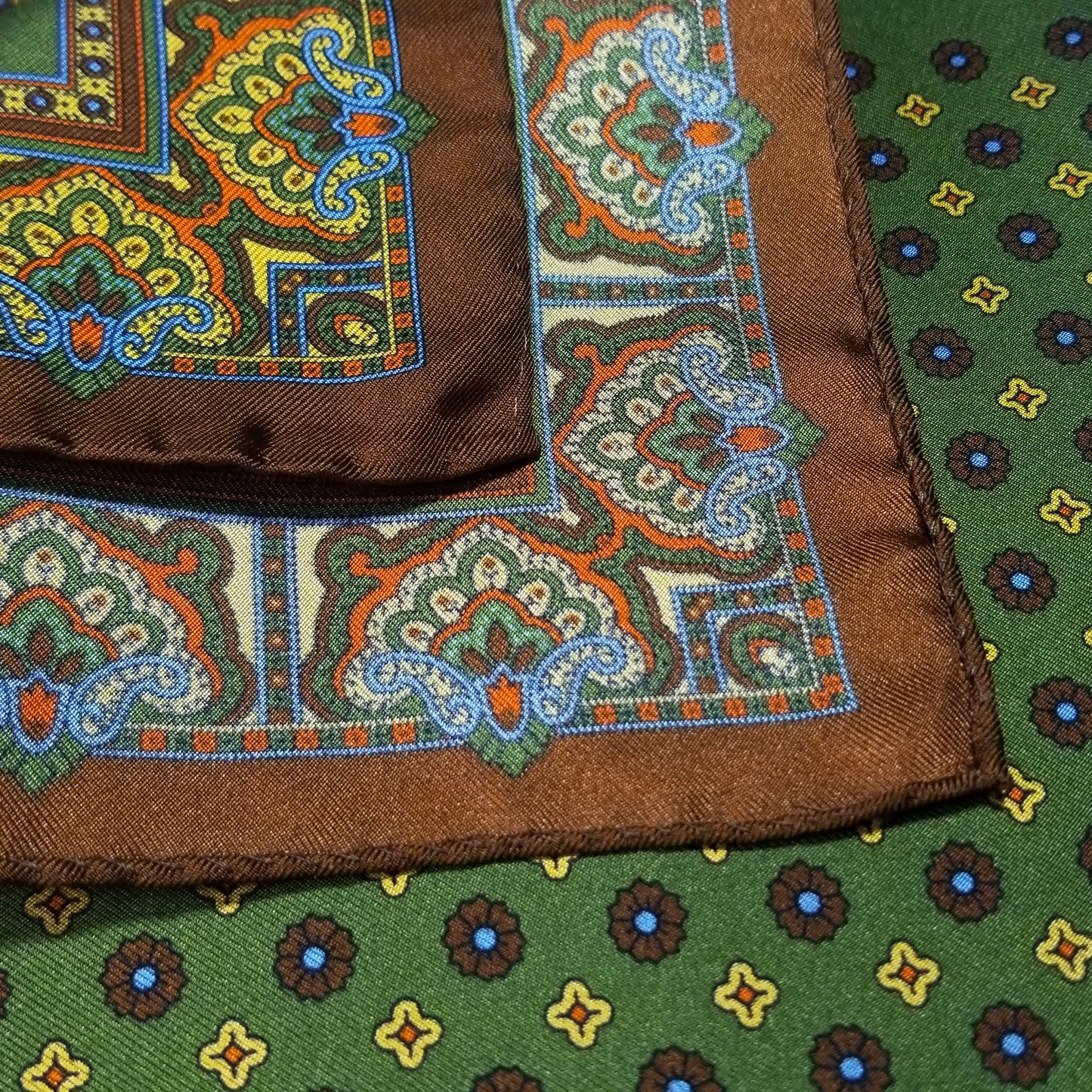 17" Olive Green & Brown Floral Silk Twill Pocket Square
