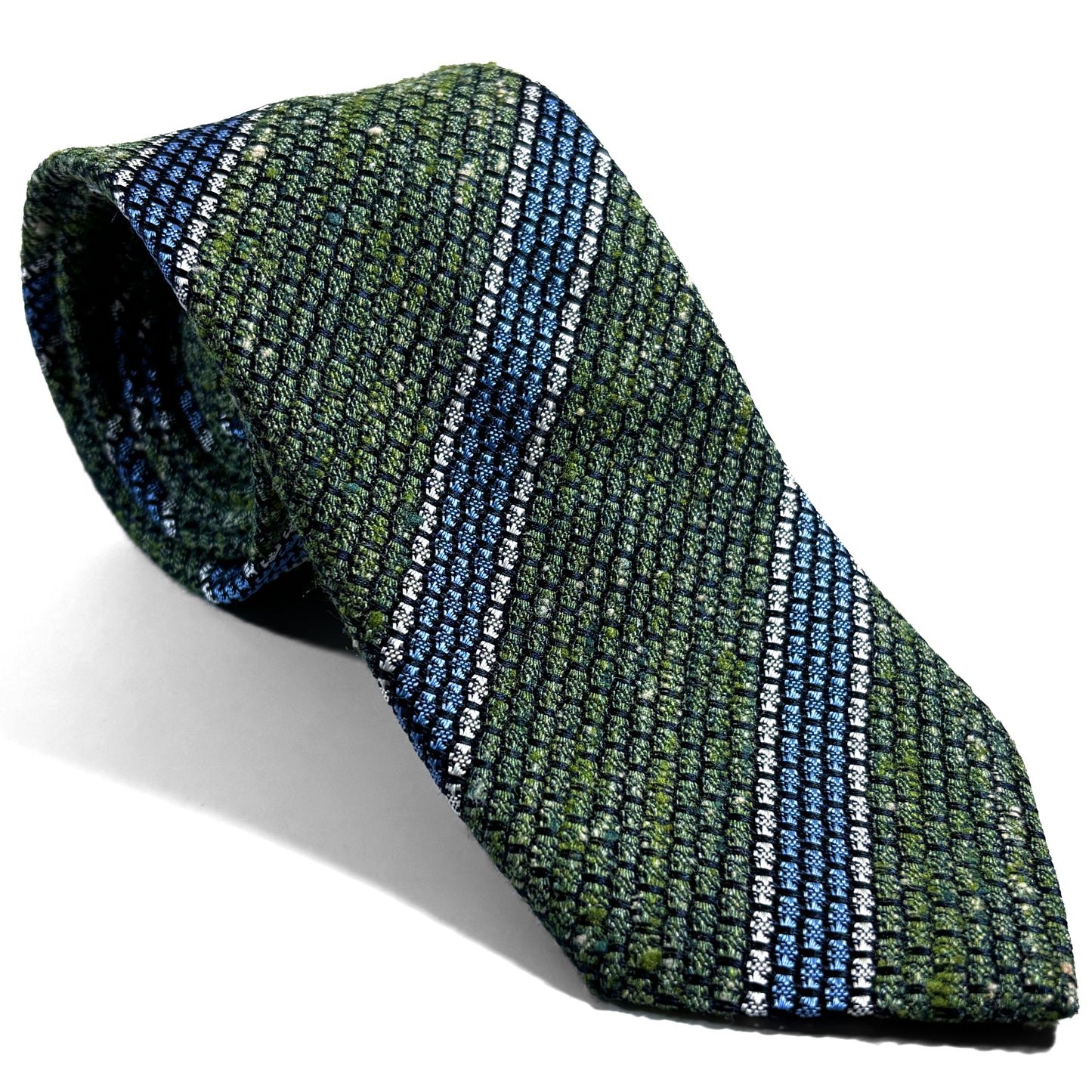 Green & Light Blue Striped Tussah Jaspe Silk Grenadine Tie (Garza Grossa)