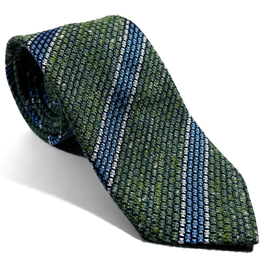 Green & Light Blue Striped Tussah Jaspe Silk Grenadine Tie (Garza Grossa)