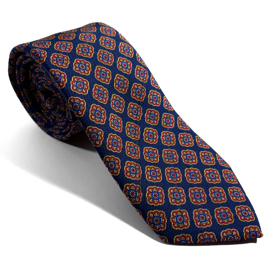 Navy Blue & Red Medallion Silk Tie (Handmade in Italy)