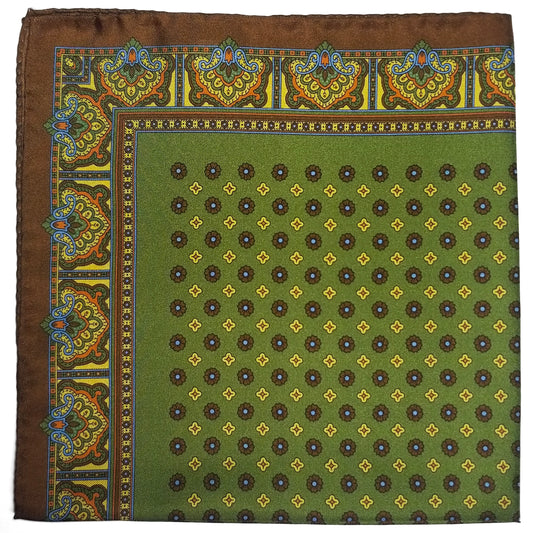 17" Olive Green & Brown Floral Silk Twill Pocket Square