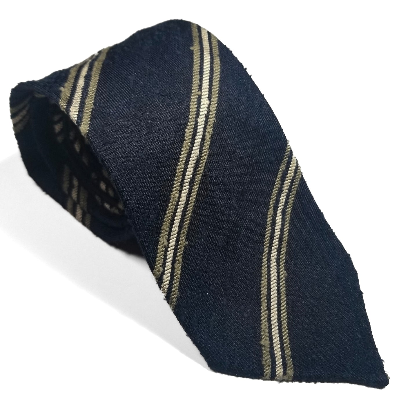 Navy Blue Untipped Shantung Silk Tie w/ Silver Stripes (Handmade in Italy)