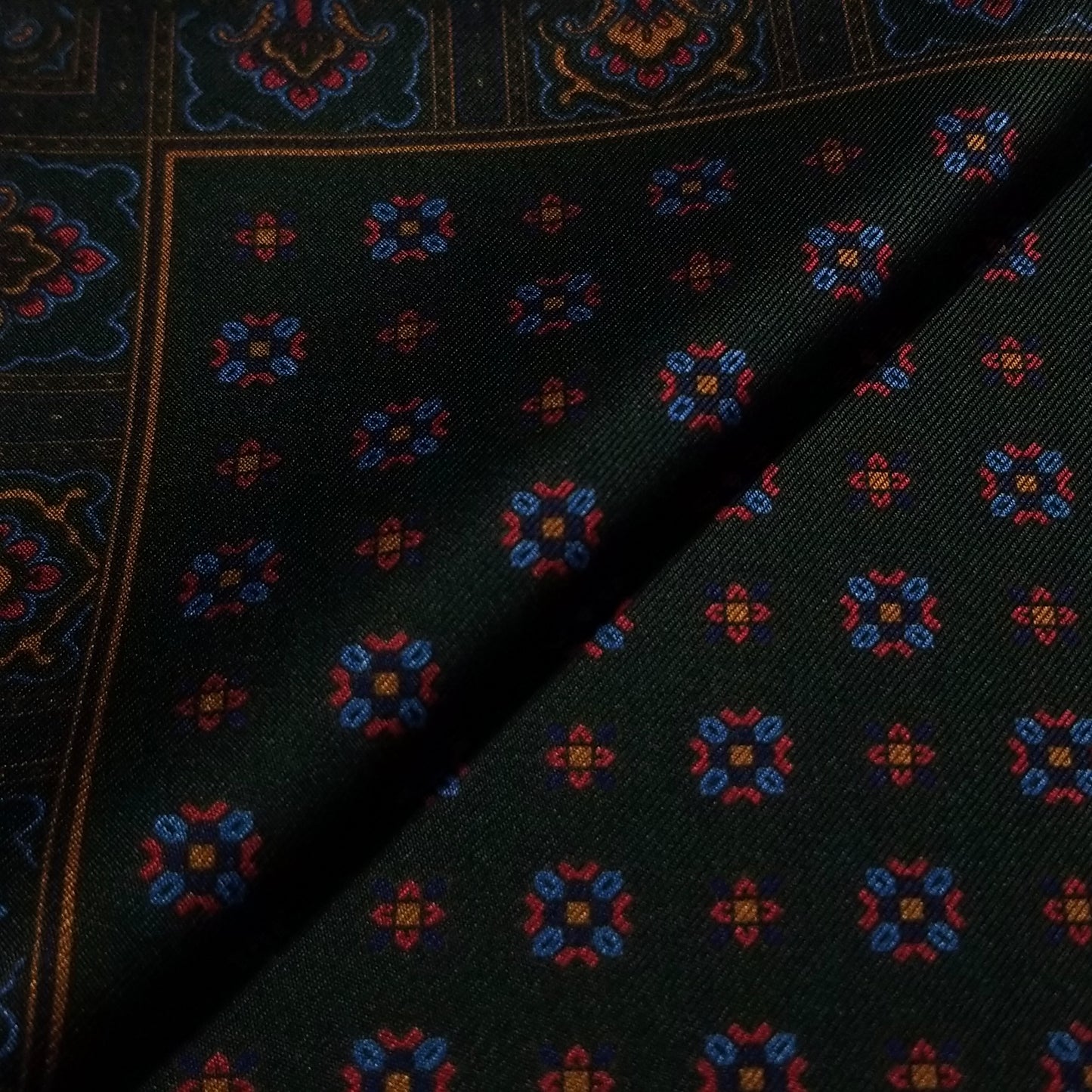 Screen-Printed Dark Green Geometric Ancient Madder Silk Pocket Square