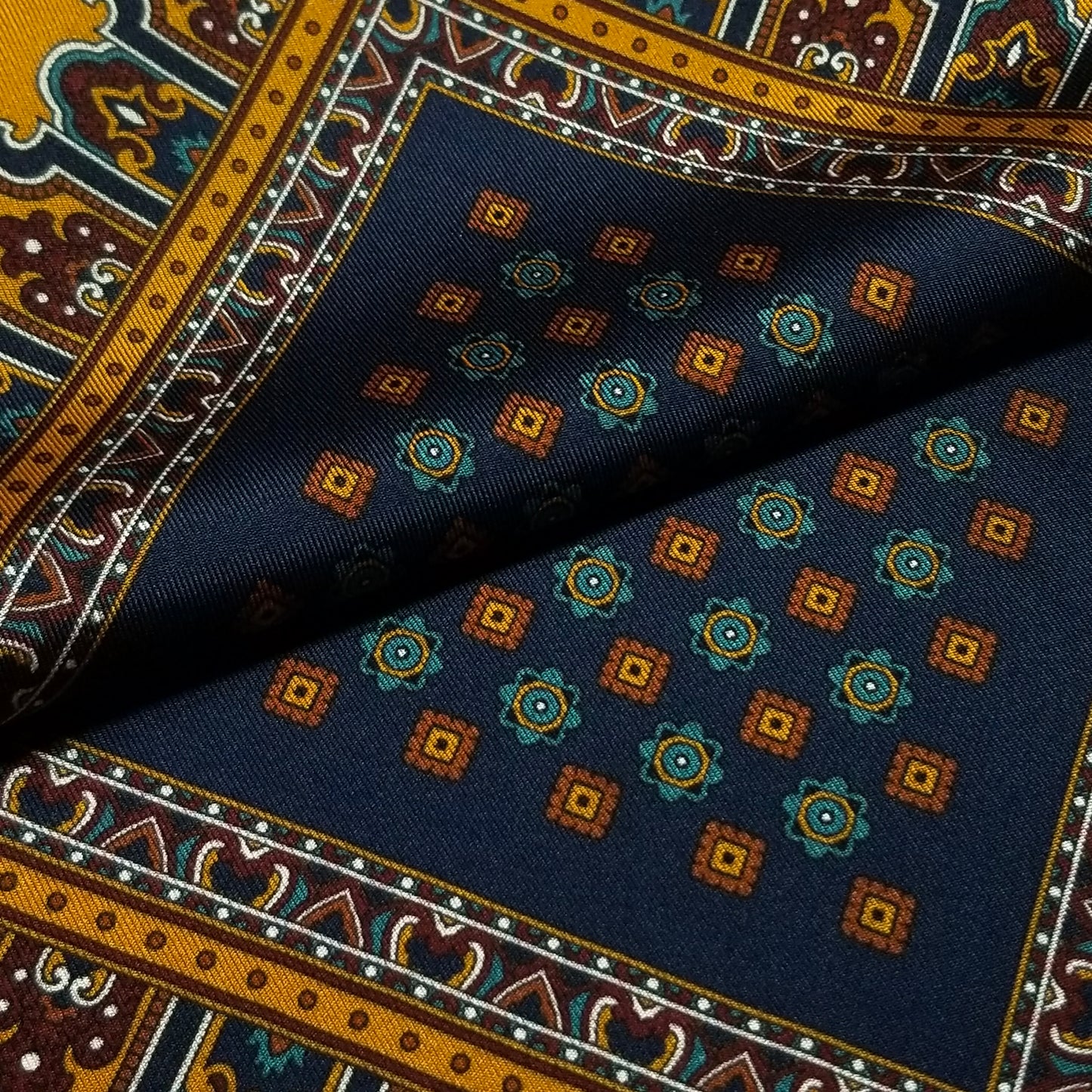 17" Navy Blue / Honey Gold Floral Silk Twill Pocket Square
